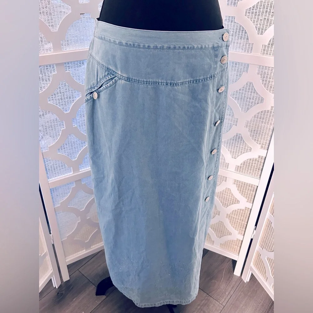 XL LAFEI-NIER COTTON LONG SKIRT DENIM JEAN CHAMBRAY BEADED BLUE SOFT BOHO - Picture 12 of 15